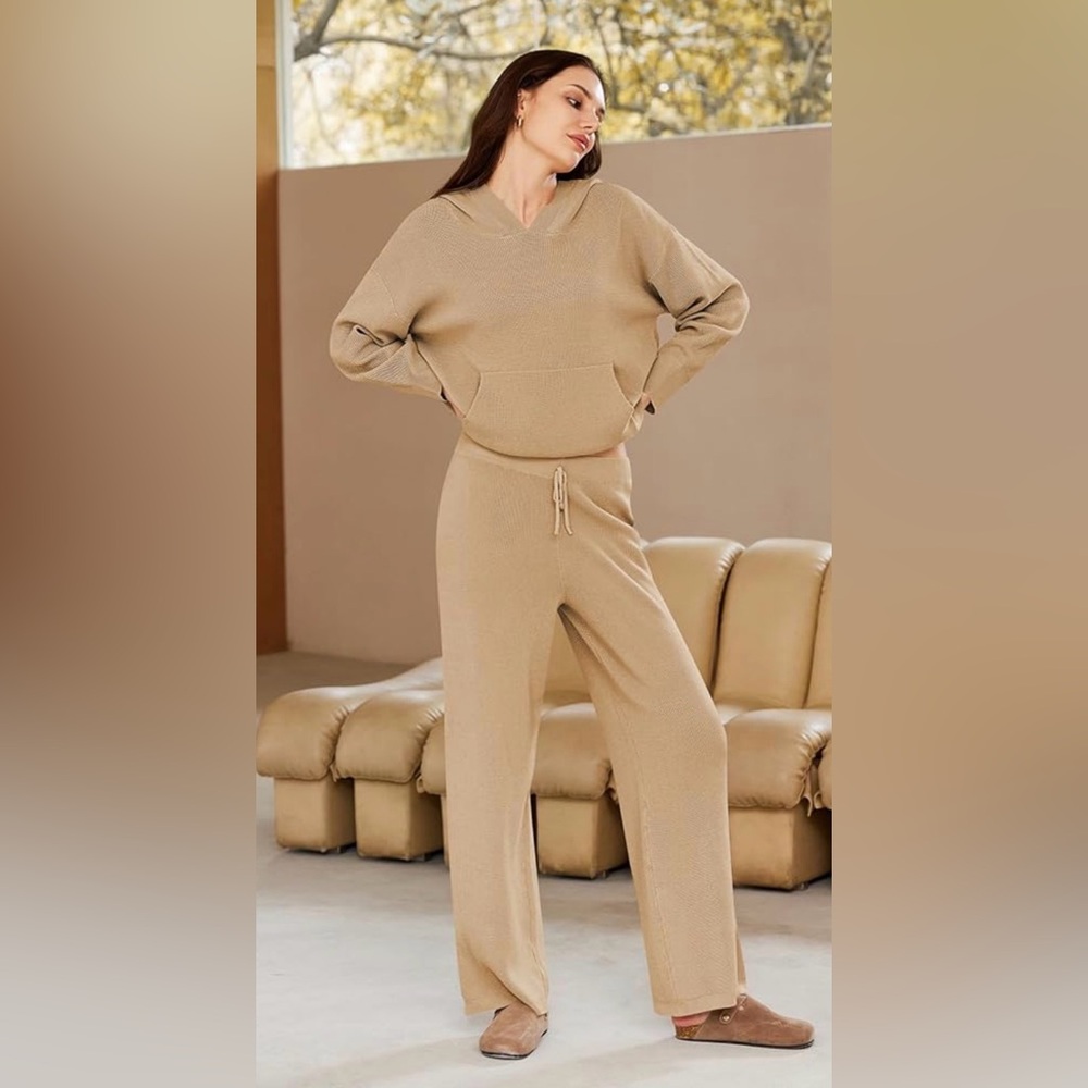 Pink Queen Pullover Hoodie Matching Wide Leg Pant Loose Knitted Sweatsuit Pocket